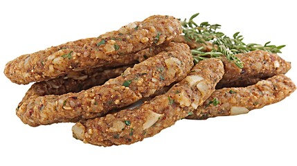 Seasoned sausages, herbs, food.