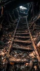 Abandoned shipwreck entrance with footsteps leading inside rusted doorway