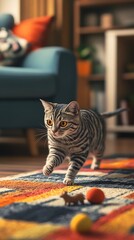 Furry feline focused and fierce playing with a striped toy mouse in glowing rays