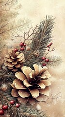 Fototapeta premium Friends Gather Under Twinkling Lights Surrounded by Snow-Dusted Pine Cones Evergreen Sprigs and Cheerful Laughter in Winter