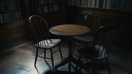 Cozy book cafe with wooden tables and shelves full of novels for reading enthusiasts