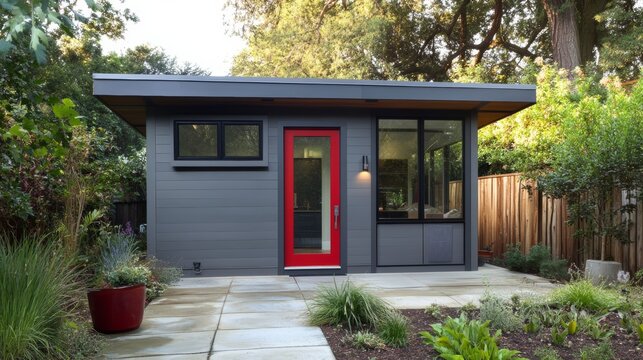 Contemporary garden shed featuring gray exterior and vibrant red door, ideal for adu use