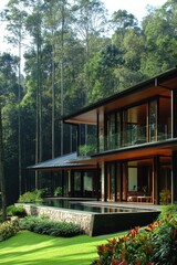 Serene modern villa nestled in lush green forest with pool reflecting the sky and trees architecture design and tranquility of nature