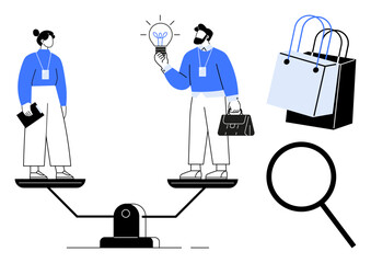 Two business partners on a seesaw, one holding a light bulb and the other a clipboard. Shopping bags and magnifying glass for analysis nearby. Ideal for business strategy, market research, teamwork