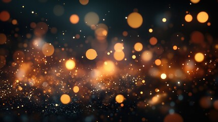 Fototapeta premium Glowing amber bokeh and dreamy ethereal sparkles floating on a dark gradient background that creates a dynamic magical festive ambiance