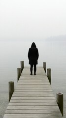 Silhouette of person on pier with endless ocean waves horizon at sunset