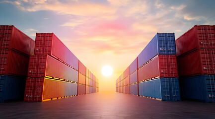 Fototapeta premium Emphasizing the transportation industry, a line of shipping containers aligns beneath a colorful sunset, symbolizing global trade.