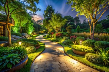 Fototapeta premium Low Light Landscape Design AI: Serene Night Garden Scene, Illuminated Pathways & Lush Greenery