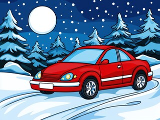 A lone red car drives through a winter wonderland under a moonlit sky, illuminating a snowy landscape with its headlights