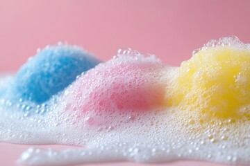 Fototapeta premium Colorful sponges with foamy bubbles against a pink backdrop creating a playful and clean aesthetic for bath time