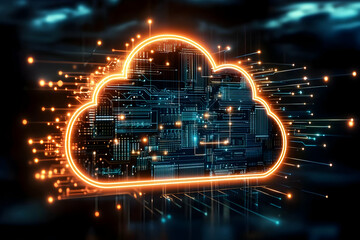 Obraz premium Futuristic cloud computing illustration with glowing elements against a dark background representing digital connections and networks.