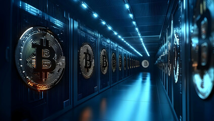 Fototapeta premium Futuristic cryptocurrency mining facility with glowing Bitcoin logos and a high-tech atmosphere, showcasing the digital currency revolution.