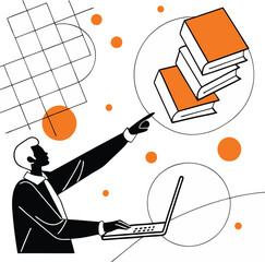 Person Using Laptop with Books and Geometric Design