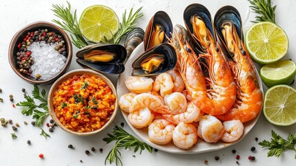 Seafood Platter Arrangement With Shrimp Mussels Lime and Herbs on White Surface