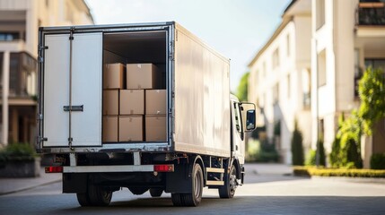 Efficient loading process  large white truck with open back door for box delivery optimization