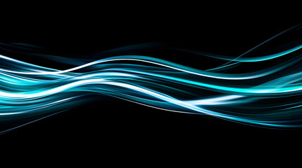 Obraz premium Dynamic Light Streams: Striking abstract artwork featuring flowing, luminous lines of teal light against a dark backdrop, creating a sense of movement and energy.
