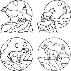 Wolf Line Art Illustration Pack Hand Drawn Black & White Wolf Clipart Coloring page