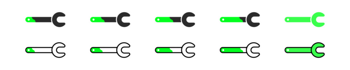 Icon set wrench - tool mechanic. Loading key tool. The wrench fills up as progress increases. Sign service in vector design style