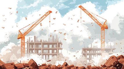 The image is a stylized illustration or digital painting depicting two yellow construction cranes positioned on either side of a partially constructed building.  The building is partially
