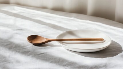 Wooden Spoon on a White Plate with Soft Light Casting Shadows on the Tablecloth Still Life