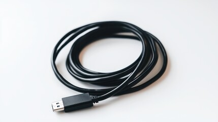 Black USB Cable Cord Coiled on a Clean White Background Essential Computer Accessory for Digital Connectivity