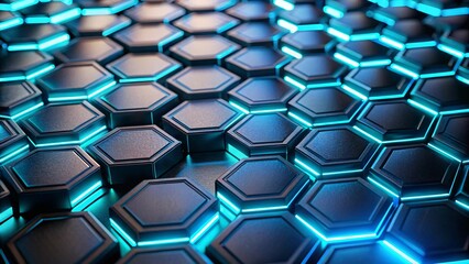 Tech Hexagons: A close-up view reveals a mesmerizing display of interconnected, hexagon-shaped technological elements, aglow with vibrant neon light, creating a striking pattern.