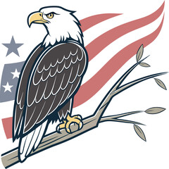 Bald Eagle on Branch with American Flag