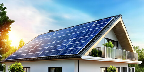 Fototapeta premium Modern house with solar panels on the roof, showcasing renewable energy and contemporary design under a bright sky.