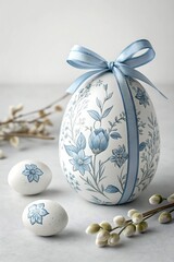 Watercolor porcelain egg with delicate blue floral pattern. Easter egg with blue bow.