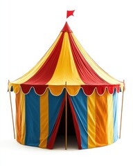 Vibrant circus tent on white backdrop capturing the essence of entertainment and festive atmosphere with a low angle shot