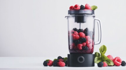 Modern blender with berries and fruits on white background