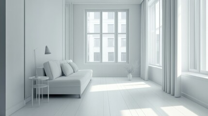 Fototapeta premium View of white living room in minimal style with sofa and small side table on laminate floor.Perspective of interior design