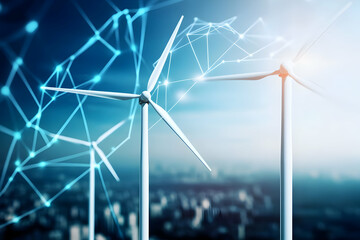 Modern wind turbines harnessing renewable energy in a futuristic cityscape with digital connections symbolizing technology and sustainability.