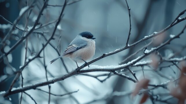 Cute bird The willow tit, song bird sitting on a branch without leaves in the winter. Willow tit perching on tree in winter. The willow tit, lat. Poecile montanus.
