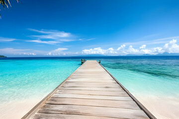 Fototapeta premium Scenic view of a wooden pier extending into a serene turquoise sea under a bright blue sky, perfect for a tropical getaway.