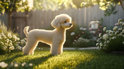 Graceful White Poodle Shining Bright in Garden with Lush Greenery and Warm Sunset Glow