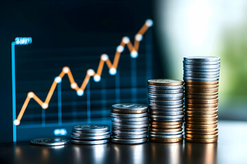 Stacks of coins with a graph in the background, symbolizing financial growth and investment opportunities in the modern market.