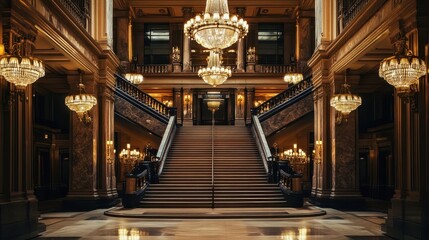 Obraz premium A grand staircase is illuminated by opulent crystal chandeliers