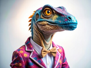 Velociraptor Fashion Shoot:  Dinosaur Model, White Background, High Fashion Photography