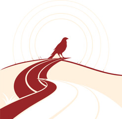 Bird Silhouette on Winding Path with Sun Rays