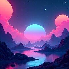 Abstract futuristic landscape with vibrant neon colors, glowing geometric shapes, and a surreal dreamlike atmosphere. AI generative