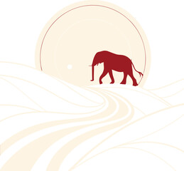 Elephant Walking on Desert with Sun