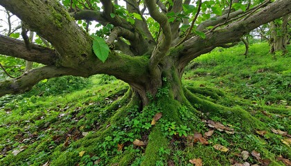 Fototapeta premium A sprawling tree with moss covered branches and roots in a lush green forest environment scene view