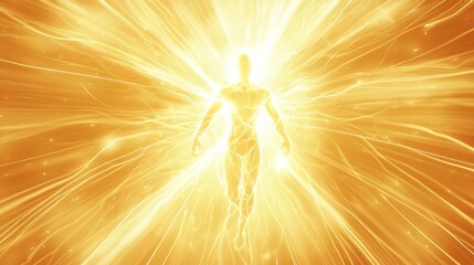 Radiant figure in golden light, ethereal space