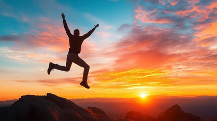 Embracing the Dawn: A silhouette of a person leaping joyfully against a vibrant, multi-hued sky, perfectly capturing a sense of freedom and boundless energy.