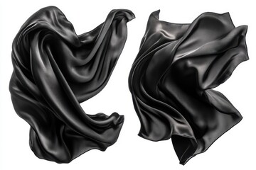 Elegant black silk fabric floating gracefully against a pristine white background capturing dynamic movement and luxurious texture with a clean studio shot
