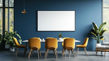 Modern Dining Room Interior Design with Yellow Chairs and Blue Walls
