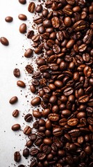 Obraz premium Aromatic Coffee Beans Cascade on Clean White Surface Revealing Rich Texture and Inviting Aroma in Detailed Close Up Shot Perfect for Coffee Lovers