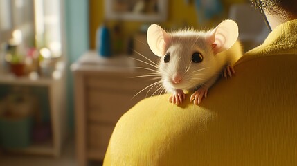 Little Furry Rat Sitting on Owners Shoulder in Warm Cozy Setting