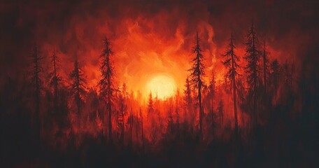 Fototapeta premium A dramatic sunset over a silhouetted forest landscape illustration